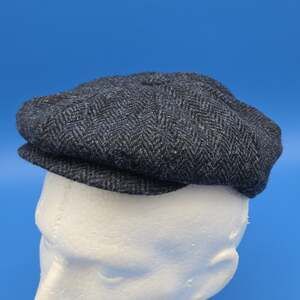 Harris Tweed 100% Wool Newsboy Cap Small Charcoal Herringbone 8 Panel Hat